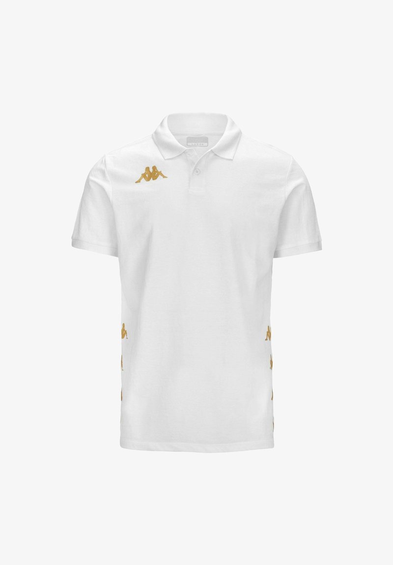 T-shirt polo blanc avec logo Kappa doré sur la poitrine et accents dorés sur les côtés, fabriqué en coton respirant. Design de col classique.