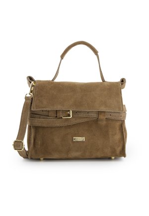 Brown suede handbag with a flap closure, gold-tone hardware, adjustable strap, and flat front pocket. Features a smooth texture and structured shape.