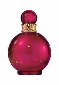 Rund glasparfymflaska i ljusrosa med ett guldtexturerat band och ädelstenliknande detaljer. Prydd med ett matchande runt lock.