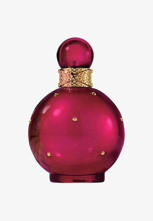 Rund glasparfymflaska i ljusrosa med ett guldtexturerat band och ädelstenliknande detaljer. Prydd med ett matchande runt lock.