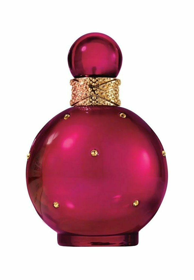 Rund glasparfymflaska i ljusrosa med ett guldtexturerat band och ädelstenliknande detaljer. Prydd med ett matchande runt lock.