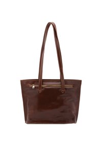 Bruine leren schoudertas met een gladde textuur, twee lange handvatten en een ritszak aan de voorkant. Stikseldetails rond de randen.