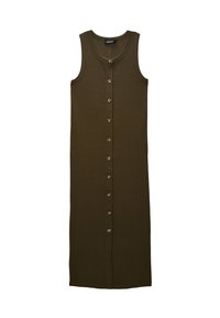 Robe sans manches vert olive en maille, avec une coupe droite, un col rond et une fermeture à boutons sur le devant.