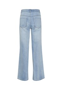 Light blue wide-leg jeans with a high waist, featuring two back pockets and sewn hem. Made from denim with a soft, textured finish.