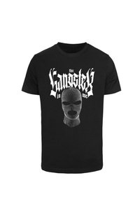 Melna T-krekla ar grafisku dizainu, kurā attēlots adīts balaklava un uzraksts "gangsta manī" treknā baltā fontā.