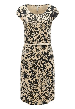 Beżowa sukienka do kolan z czarnym abstrakcyjnym kwiatowym wzorem i krótkimi rękawami, z cienkim plecionym paskiem w talii.
