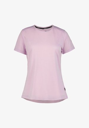 Light purple short-sleeve shirt with a round neckline, textured fabric, and straight hem. Features contrasting color accents at the collar.