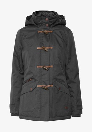 Veste à capuche gris foncé avec des fermetures à bascule, des poches latérales et un tissu texturé. Présente des accents en corde brune et des détails en métal.