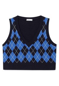 Niebieska bezrękawnikowa kolejka z dekoltem w serek, z niebiesko-czarnym wzorem argyle w kształcie diamentów, ozdobiona białymi przeszyciami.