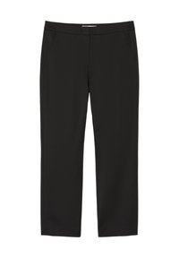 Pantalons noirs avec une coupe droite, dotés de deux poches latérales, d'une texture lisse et d'une taille plate. Fabriqués dans un tissu léger.