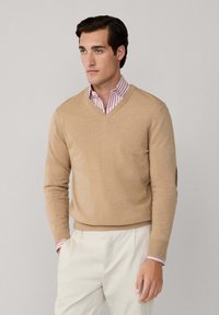 Maglione lavorato a maglia beige con scollo a V, indossato sopra una camicia color rosa chiaro e bianco a righe con colletto, abbinato a pantaloni color crema. Design e texture semplici.