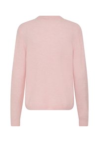 Pull rose doux à manches longues avec col rond, poignets et ourlet côtelés, montré de dos sur fond blanc.