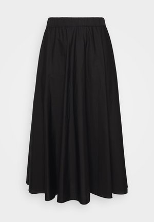 Black, flowy midi skirt made of lightweight fabric with an elastic waistband, featuring a smooth texture and no visible patterns or accents.