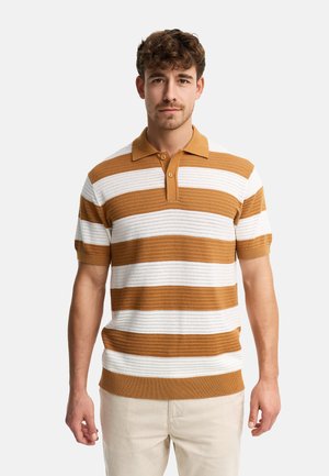 Ung mand iført en kortærmet strik polo med brune og hvide vandrette striber og lyse beige bukser, set forfra.