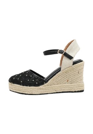 Alpargata de cuña negra con suela de cuerda beige, correa en el tobillo y soporte de talón blanco texturizado.
