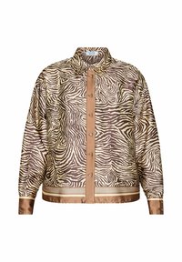 Bluse med zebra-print i beige og brunt med knapper foran, krave og satinaccenter ved kant og ærmekanter. Tekstureret stoffinish.