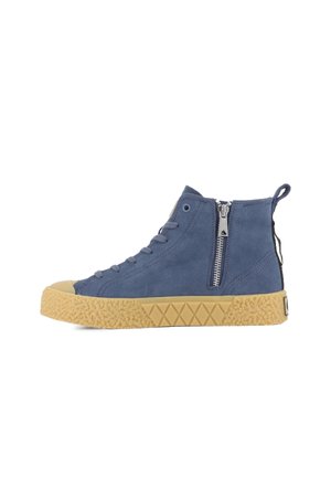 High-top sneakers in navy suede with a textured beige rubber sole. Features a side zip, round toe cap, and flat laces.