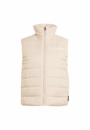 Beige insulated sleeveless vest with a high collar, front zipper, and horizontal quilted pattern. Features Terrex logo in white on the chest.