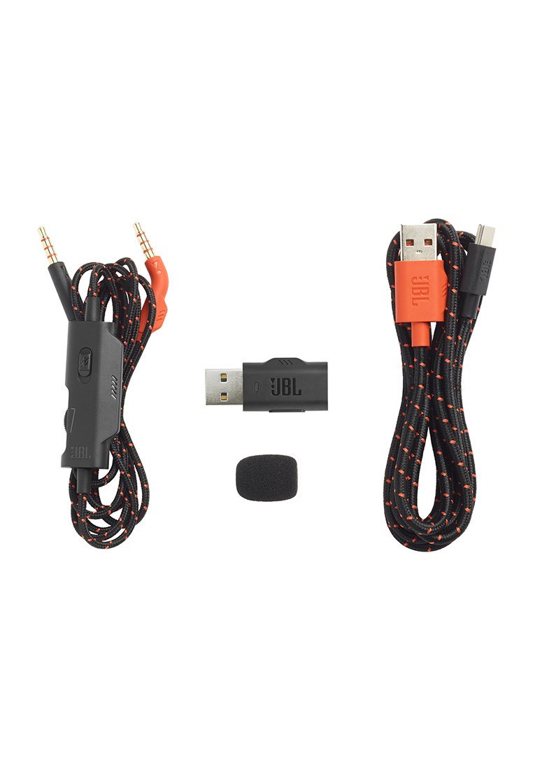 Cavo audio intrecciato nero e arancione, adattatore Bluetooth USB, copertura in schiuma per microfono e cavo di ricarica USB intrecciato con estremità USB-A e USB-C.