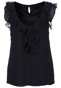 Svart ärmlös blus med volangdetaljer längs halsringningen och fram. Nyckelhål baköppning. Mjuk, lättviktsmaterial med en slät yta.