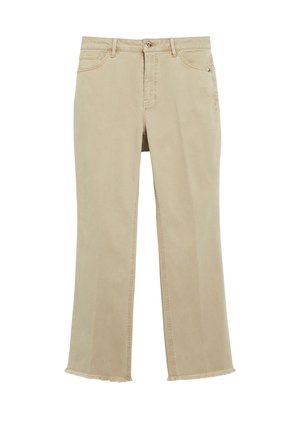 Beige Hose mit geradem Bein, Vordertaschen, Gürtelschlaufen, Knopfverschluss und rohem Saum am unteren Rand.