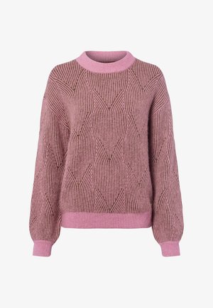 Roze en bruine gebreide trui met een geribbelde textuur, geometrisch patroon, ronde halslijn en lange, iets opgeblazen mouwen.