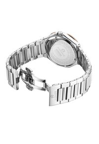 Stainless steel watch with a polished finish, linked bracelet design, butterfly clasp, and engraved case back showcasing brand details.