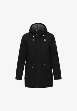 Czarna wodoodporna kurtka z kapturem, przednim zamkiem błyskawicznym, dwoma pojemnymi kieszeniami i regulowanymi sznurkami z żółtymi akcentami.