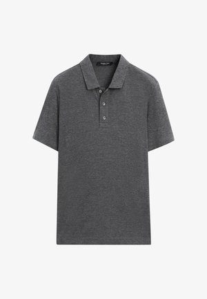 Kulørt grå polo med klassisk krave, korte ærmer og en plade med tre knapper. Blødt stof med en glat tekstur.