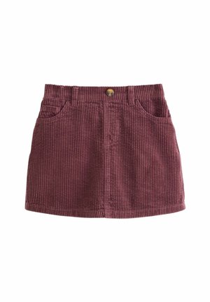 Micro-Rock aus dunkelbordeauxfarbener Cord-Optik mit vertikalem Ripp-Textur, zwei vorderen Taschen und einem Knopfverschluss an der Taille.