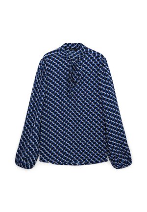 Blusa a maniche lunghe in blu e bianco con motivo geometrico, colletto tondo e dettaglio a fiocco al collo. Tessuto morbido.