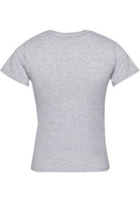 T-shirt grigio a maniche corte con scollatura rotonda, realizzato in tessuto morbido e leggero, caratterizzato da un design semplice e una forma aderente.