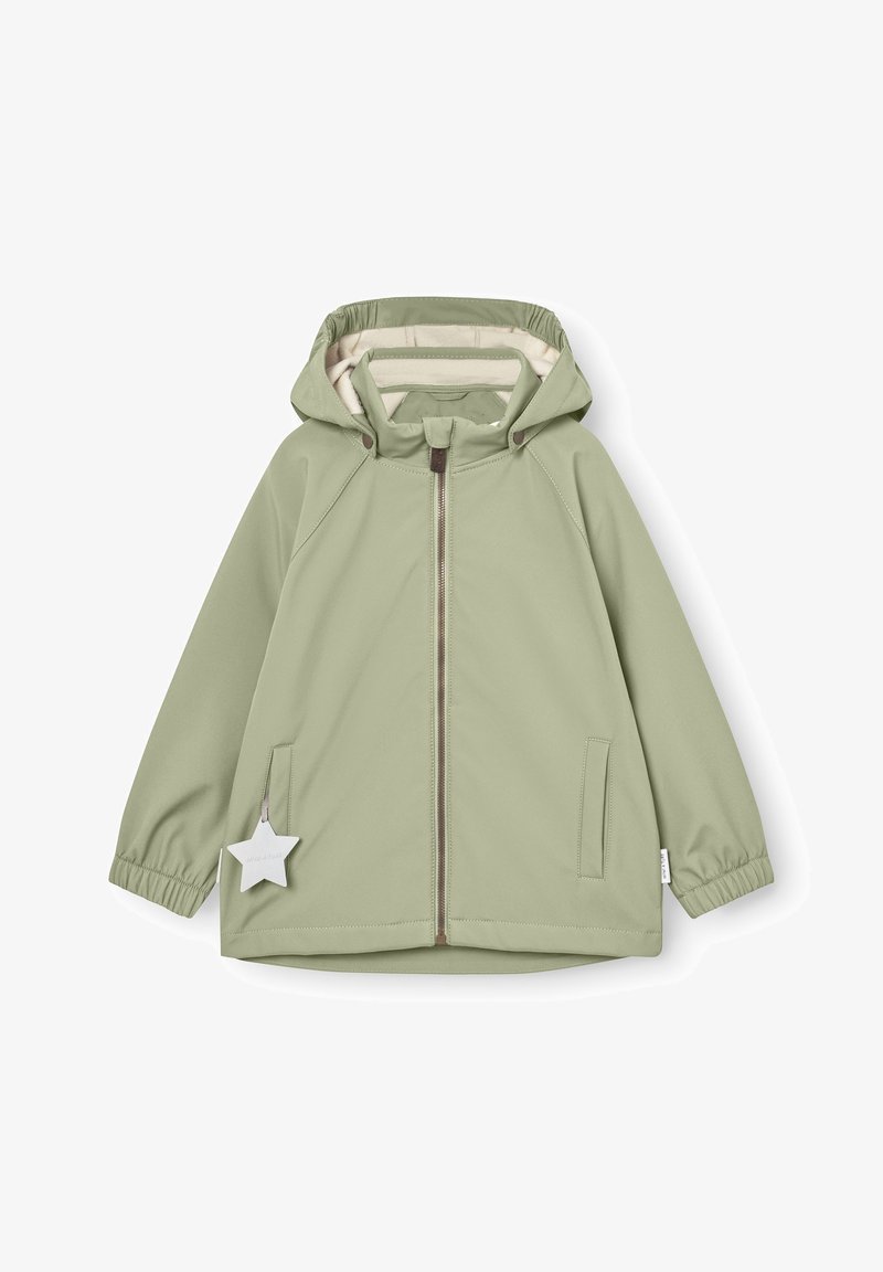 Ανοιχτοπράσινο παιδικό μπουφάν με κουκούλα, εμπρόσθιο φερμουάρ, ελαστικά μανίκια και λευκή ετικέτα σε σχήμα αστέρα στην αριστερή τσέπη.