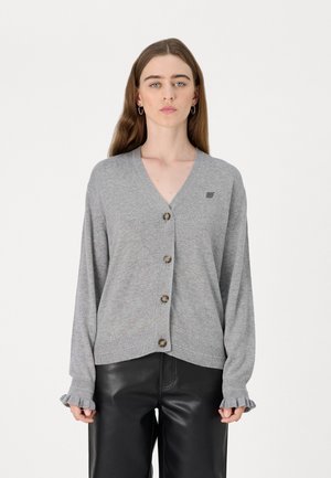 Gray cardigan with a V-neck, button closure, and ruffled cuffs. Made of soft material with subtle texture and a small logo detail.