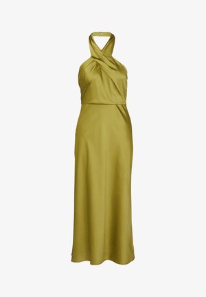 Abito in raso verde oliva senza maniche con collo all'americana caratterizzato da una parte anteriore attorcigliata e una vita aderente, che si estende in una lunga gonna liscia.