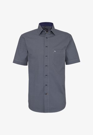 Camicia da uomo a maniche corte con bottoni, caratterizzata da un piccolo motivo geometrico bianco su tessuto blu scuro e una tasca sul petto.