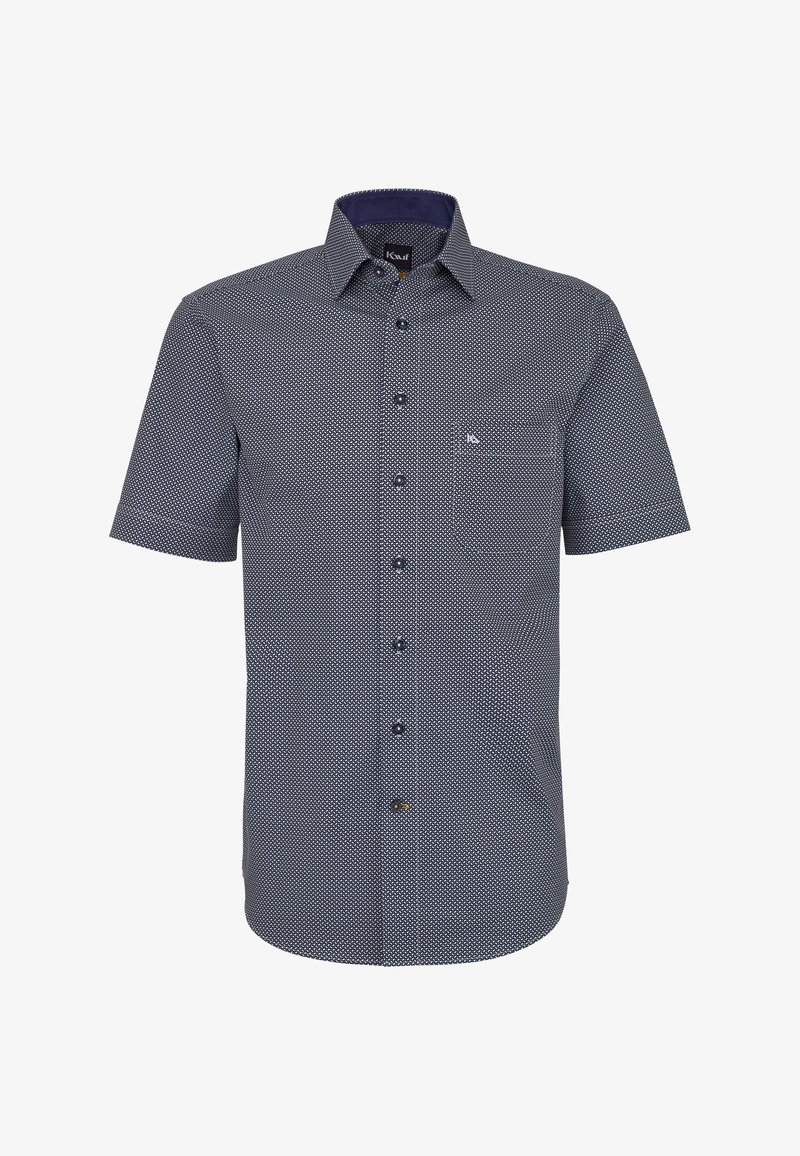Chemise pour homme à manches courtes, boutonnée, avec un petit motif géométrique blanc sur un tissu bleu foncé et une poche poitrine unique.