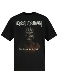 Černé bavlněné tričko s grafikou lebky se červenýma očima. Text zní "Iron Maiden" a "The Book of Souls" v bílé barvě.