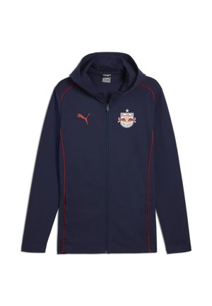 Marineblaue Zip-Hoodie aus Stoff mit roten Akzenten, ausgestattet mit einem Logo auf der Brust und Kängurutaschen auf der Vorderseite.