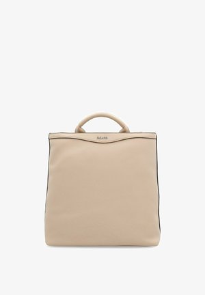 Beige Leder-Shopper mit strukturiertem Design, runden Obergriff und schwarzem Rand. Hat eine subtile Kurve an der Oberseite und ein Metall-Logo.