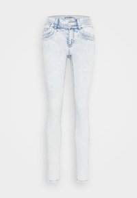 Hellblaue enchige Jeans aus Denim mit einer verblichenen Waschung, fünf Taschen, Knopfverschluss und gestickten Details entlang der Taschen.