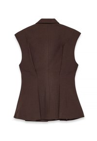 Brūns bez piedurknēm blazeris ar izgrieztu apkakli, pielāgota piegriezuma un aizmugures krokām. Izgatavots no teksturētas auduma, ar minimālisma dizainu.