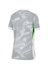 Graues kurzärmliges Sportshirt mit einem fließenden Muster, ausgestattet mit einem weißen Kragen und Akzenten sowie neon-grünen Seiteneinsätzen.