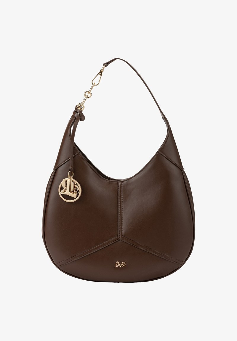 Brown leather hobo bag with a smooth texture, featuring a gold-tone logo charm and a curved strap. Distinctive seam detailing on the body.