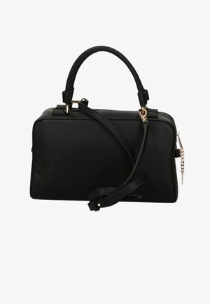 Zwarte leren handtas met een gestructureerde vorm, dubbele bovenhandvatten, afneembare schouderriem, hardware in goudkleur en een getextureerde afwerking.
