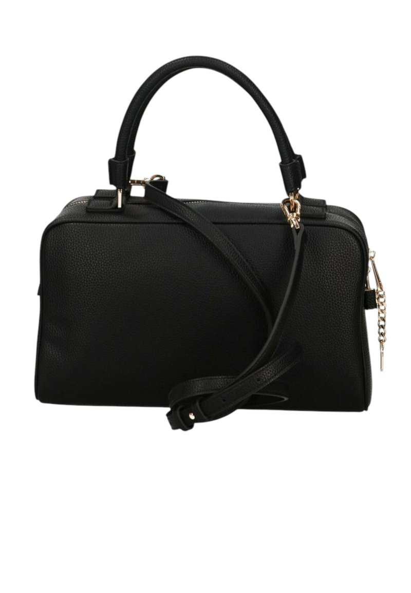 Borsa a mano in pelle nera con forma strutturata, doppi manici superiori, tracolla removibile, dettagli in metallo color oro e finitura texture.