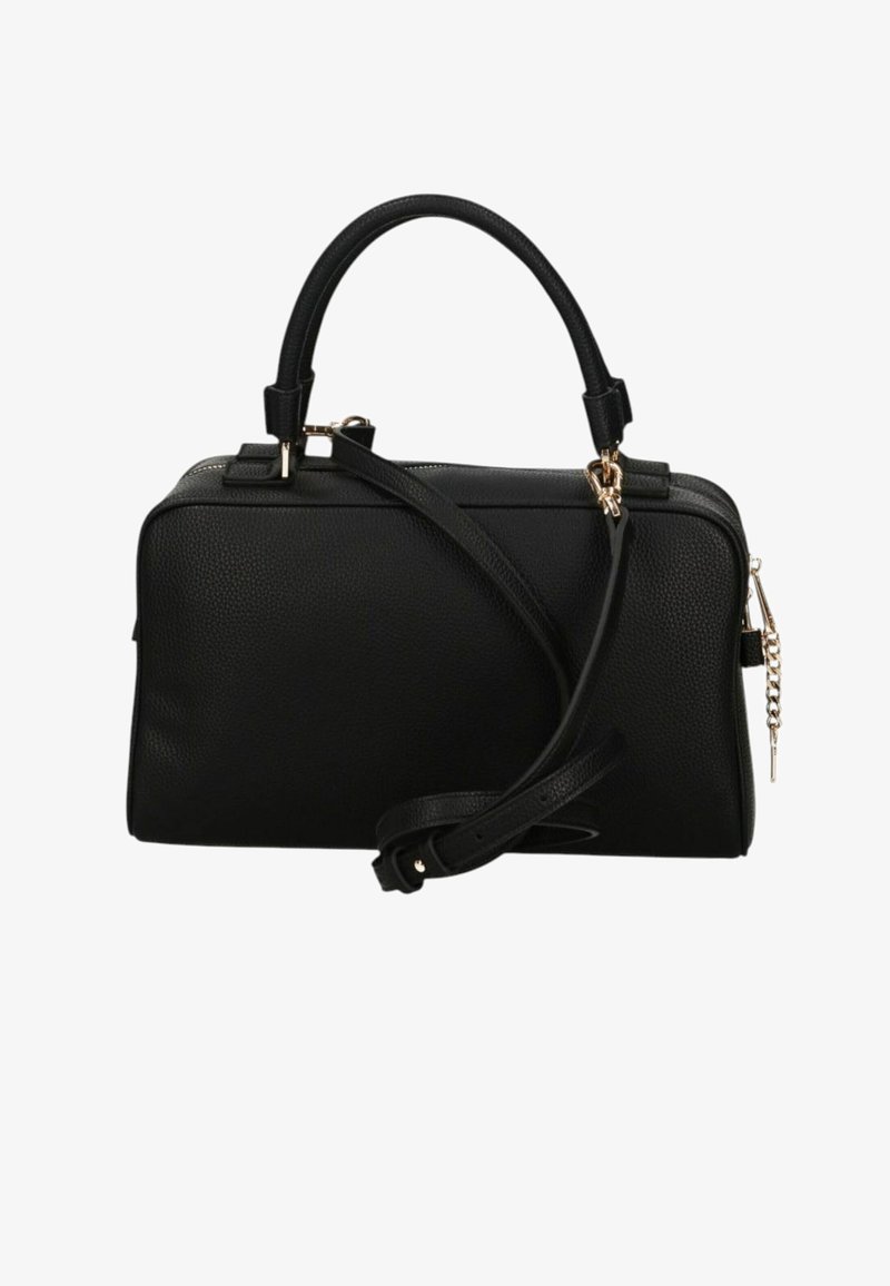 Borsa a mano in pelle nera con forma strutturata, doppi manici superiori, tracolla removibile, dettagli in metallo color oro e finitura texture.