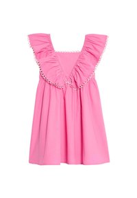 Vestido de algodón rosa con escote cuadrado, mangas con volantes y adornos decorativos a lo largo de los bordes, que crea una silueta fluida.