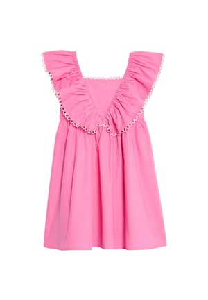 Roze katoenen jurk met een vierkante halslijn, ruffle-mouwen en decoratieve rand langs de randen, waardoor een vloeiende silhouet ontstaat.