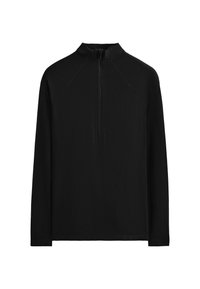 Fekete, hosszú ujjú pulóver, magas gallérral és negyed cipzárral. Texturált anyaggal és oldalsó varrásokkal rendelkezik.